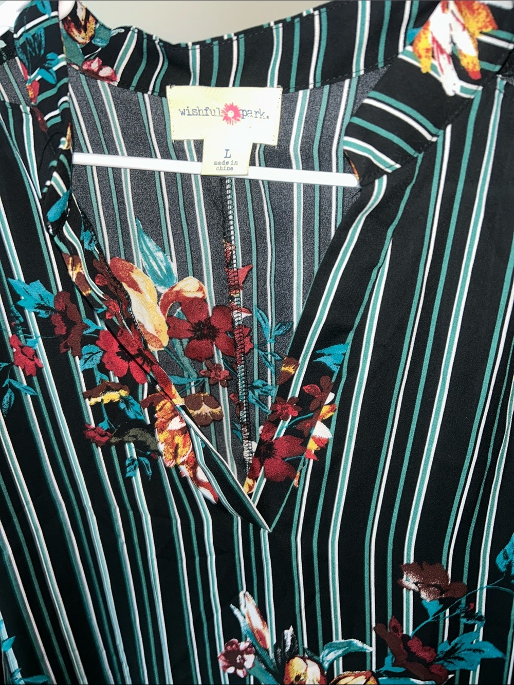 Wishful Park Black Striped V-Neck Tunic with Teal & Multi Floral Print - Picture 3 of 4